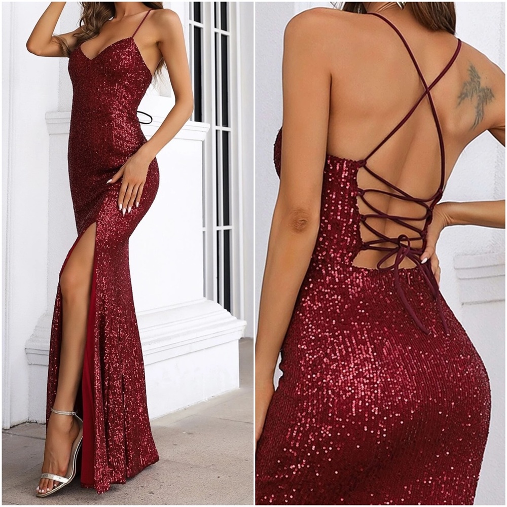 Luxe Sequin Lace up Wedding Formal Evening Prom Dress - Picture 5 of 7